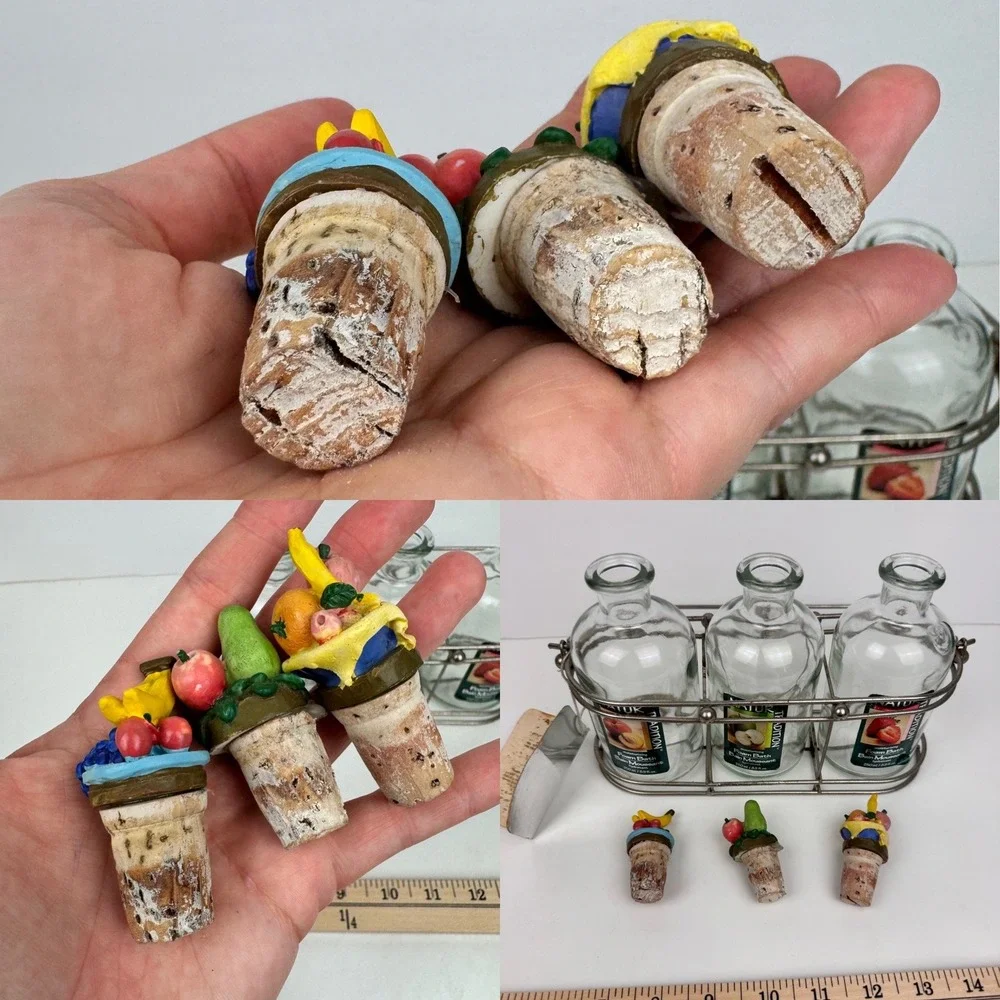 Vtg Natur 90s EMPTY Glass Bottles w Cork Fruit 3D Lid w Metal Carrier Foam Bath